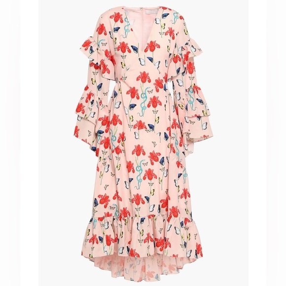 Borgo de Nor Luna Asymmetrical Printed Crepe de Chine Midi Dress in Light Pink - Picture 4 of 11